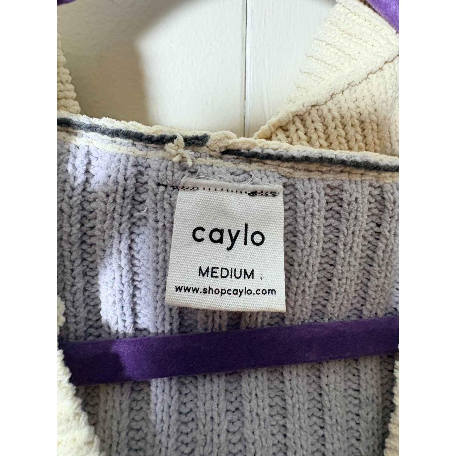 Caylo Patchwork Colorblock Hooded Cardigan Sweater Grey Lavender M Oversized Coz — image 3 of 6